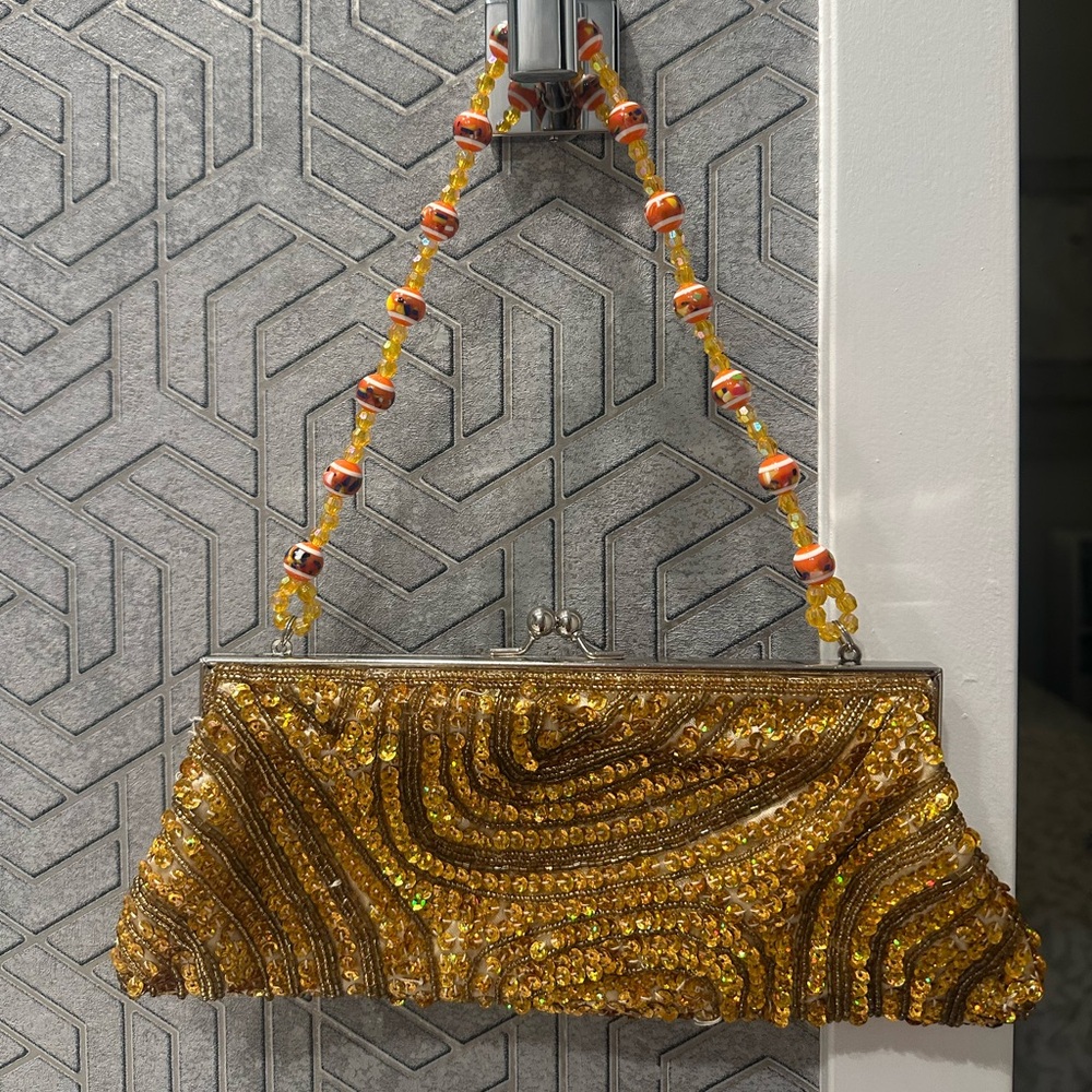 Gold Beaded Evening Clutch with Decorative Handle